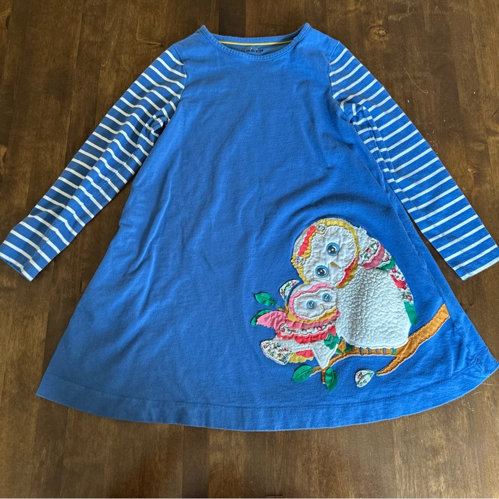 Mini Boden blue owl applique long striped sleeve 100% cotton dress size 6-7 yr